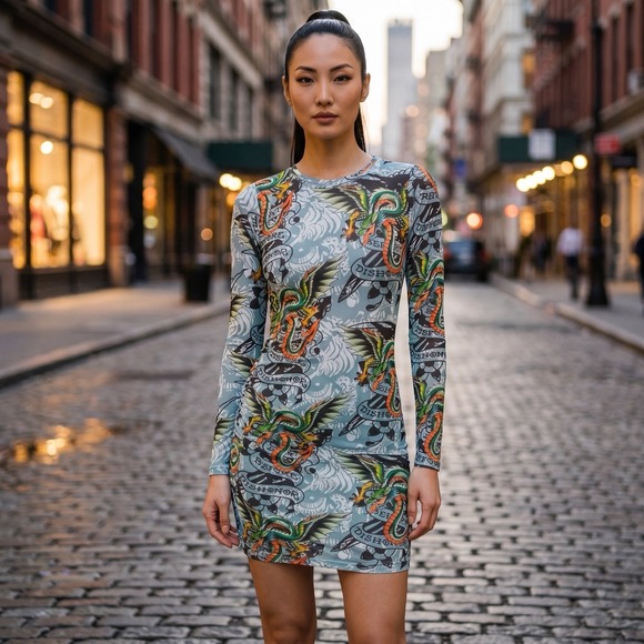 Ed Hardy Dresses & Skirts - Ed Hardy NWT Dragon Tattoo Print Ruched Bodycon Mini Dress Size Small Y2K